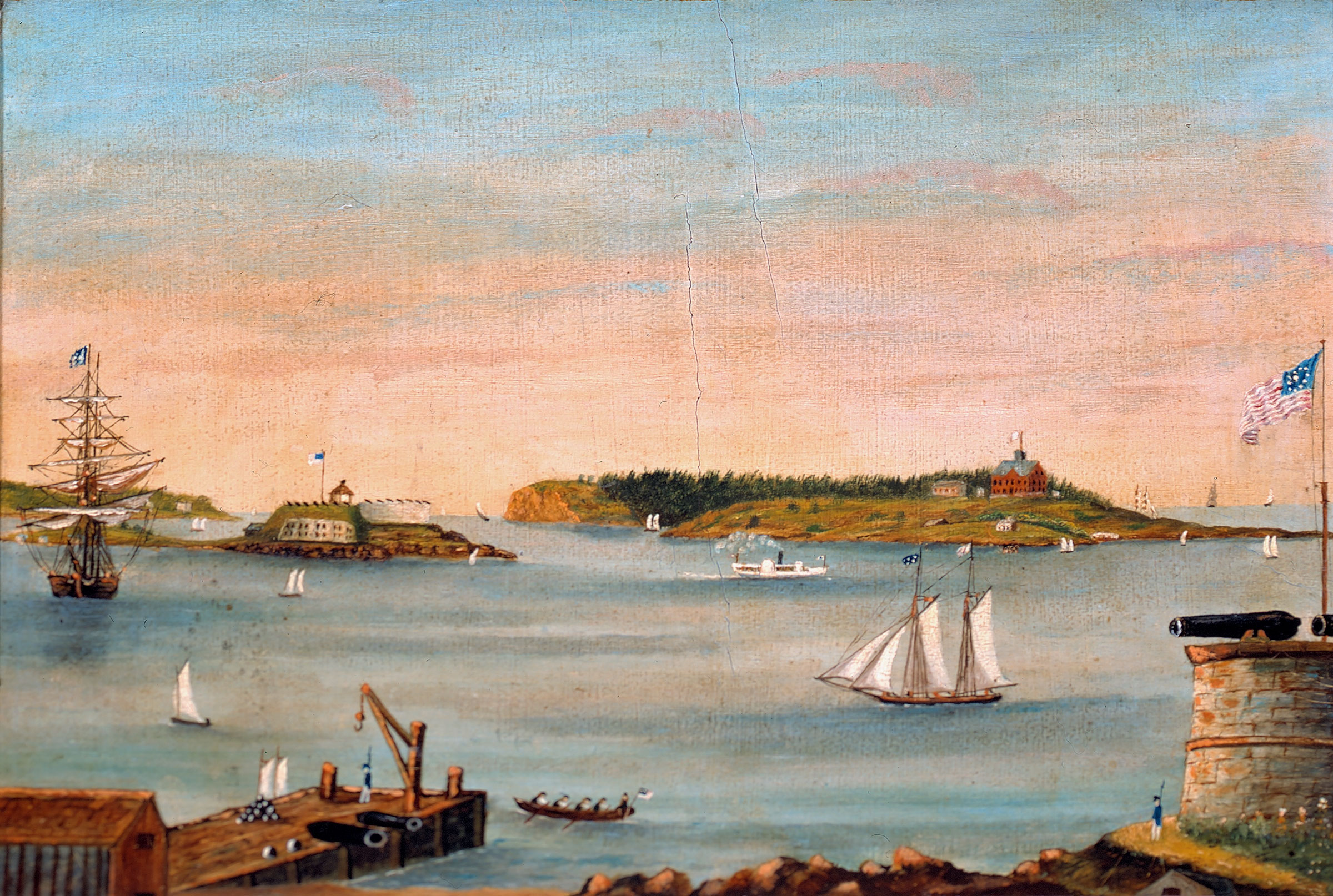 Unidentified artist, View of Portland Harbor, Cushing’s Island and Fort Scammel from Fort Preble, 1853-1862