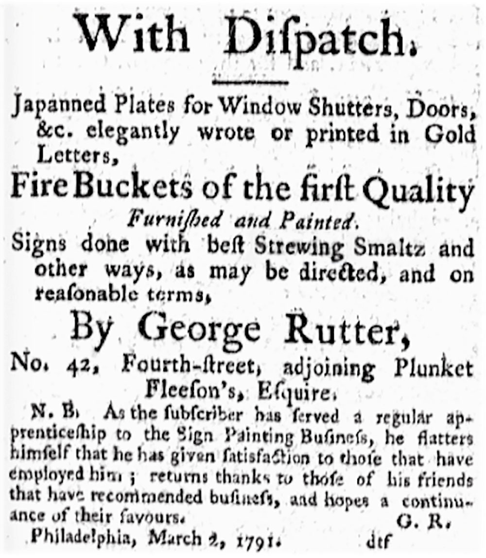 Advertisement for ornamental painter and smalt strewer George Rutter. <em>Philadelphia Daily Advertiser</em>. March 1, 1791.