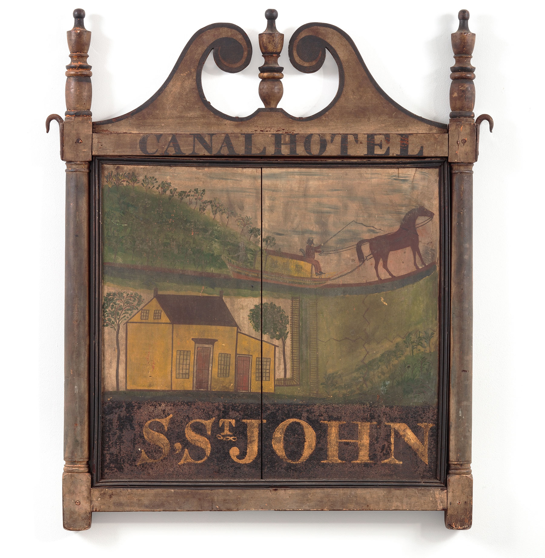 Sign for the Canal Hotel, (reverse identical). Port Jervis, New York, c. 1826, Paint on wooden board and frame, smalt, gold leaf, iron hardware, 41 x 32 in. Private collection. Image courtesy of David A. Schorsch and Eileen M. Smiles, Woodbury, CT. Both sides of the sign are decorated with the same images and lettering but show different amounts of wear.