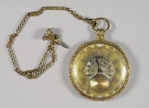 Pocket watch with watch chain and fob, 1830–1849