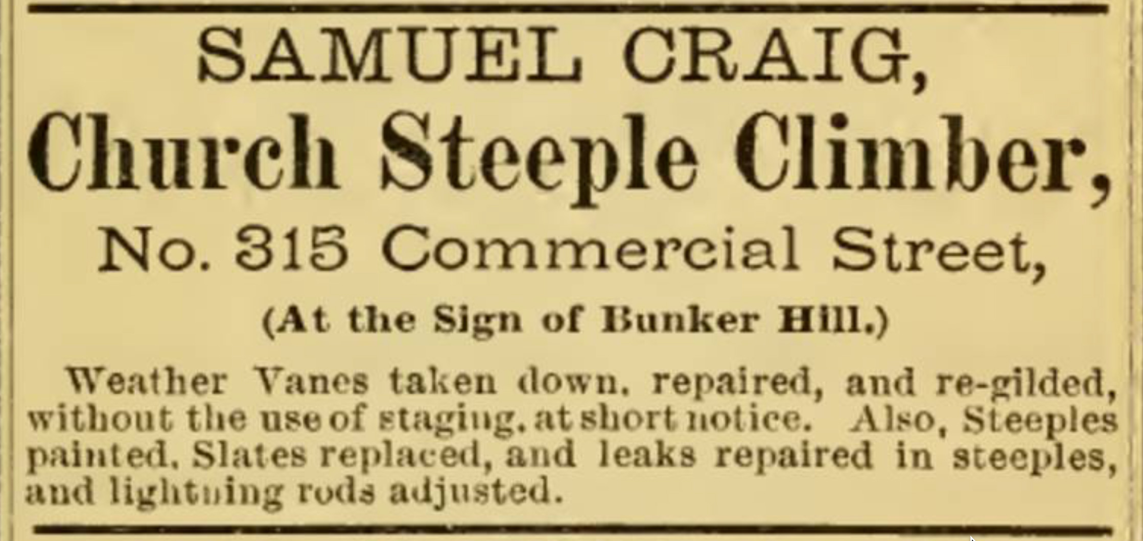 Samuel Craig, Church Steeple Climber advertisement, Boston, 1879.  