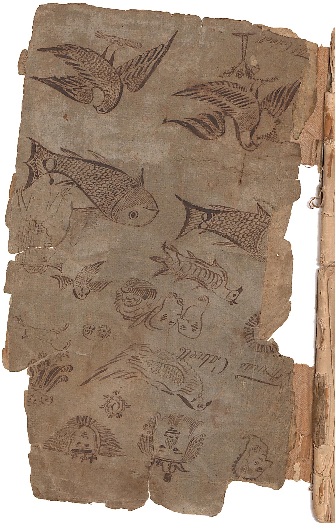 Thomas Calwell, hand-drawn illustrations on inside cover of 1750–1755 copybook