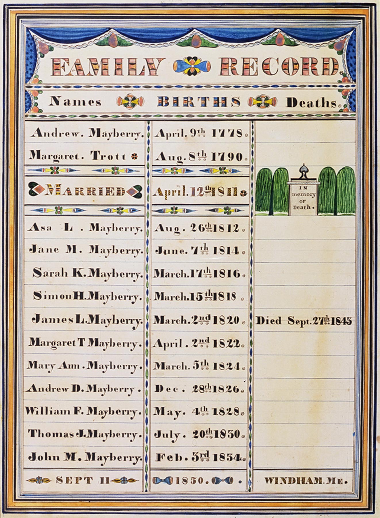 Andrew Mayberry – Margaret Trott Family Record, Windham, Maine, 1850
