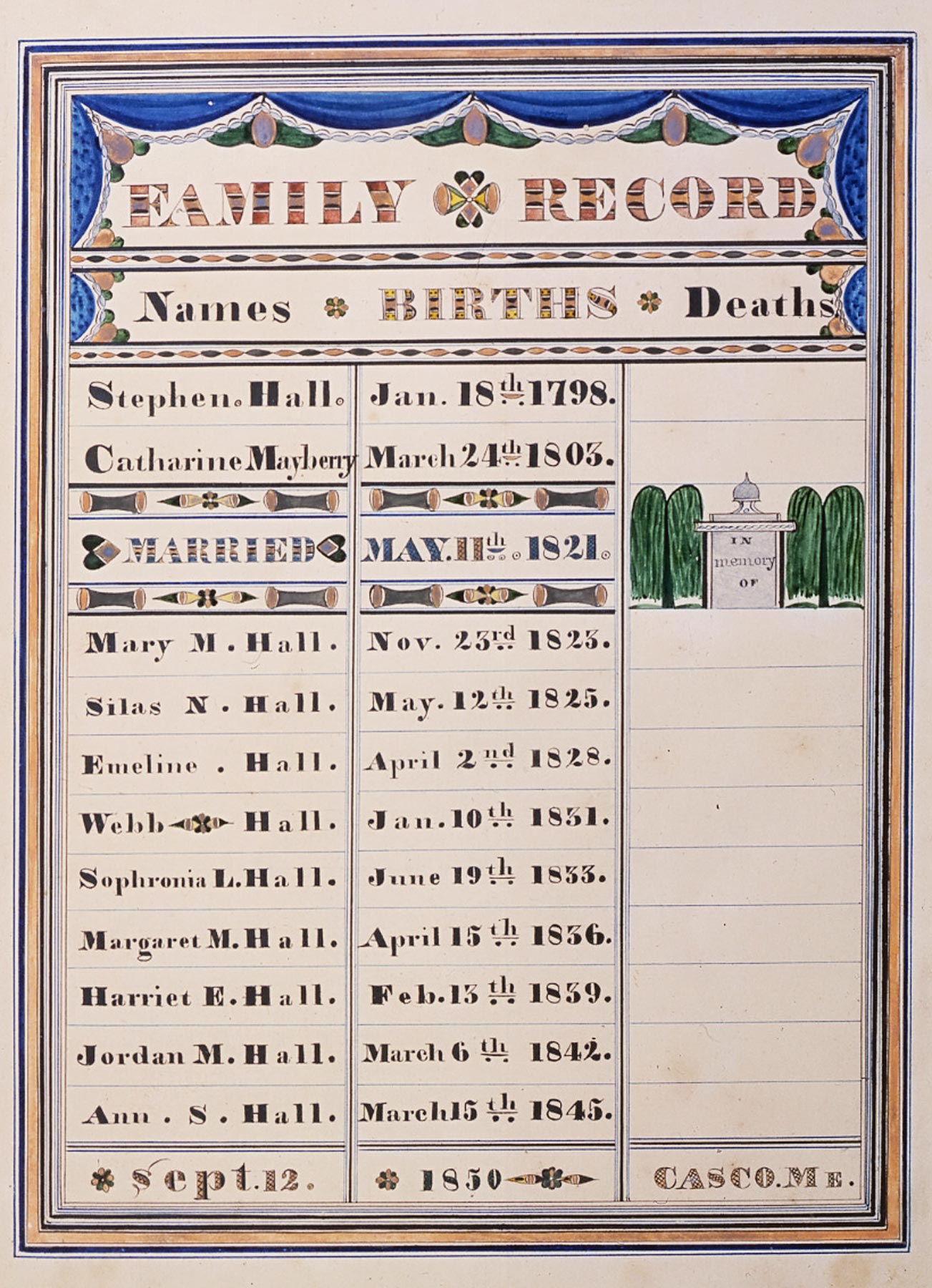 Stephen Hall – Catherine Mayberry Family Record, Casco, Maine, 1850