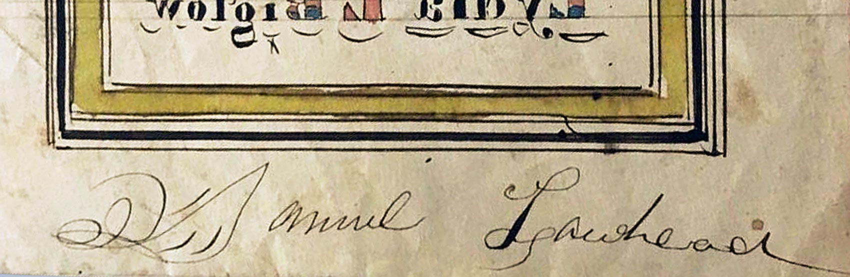 Detail of Bigelow Marriage Record showing “Samuel Lawhead” signature from reverse side