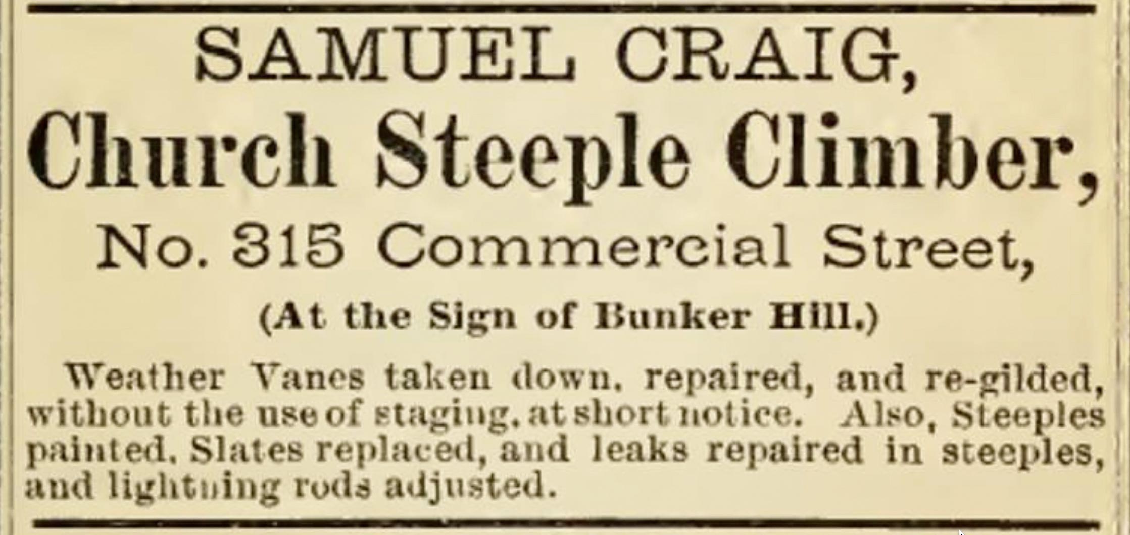Samuel Craig, Church Steeple Climber advertisement, Boston, 1879.  
