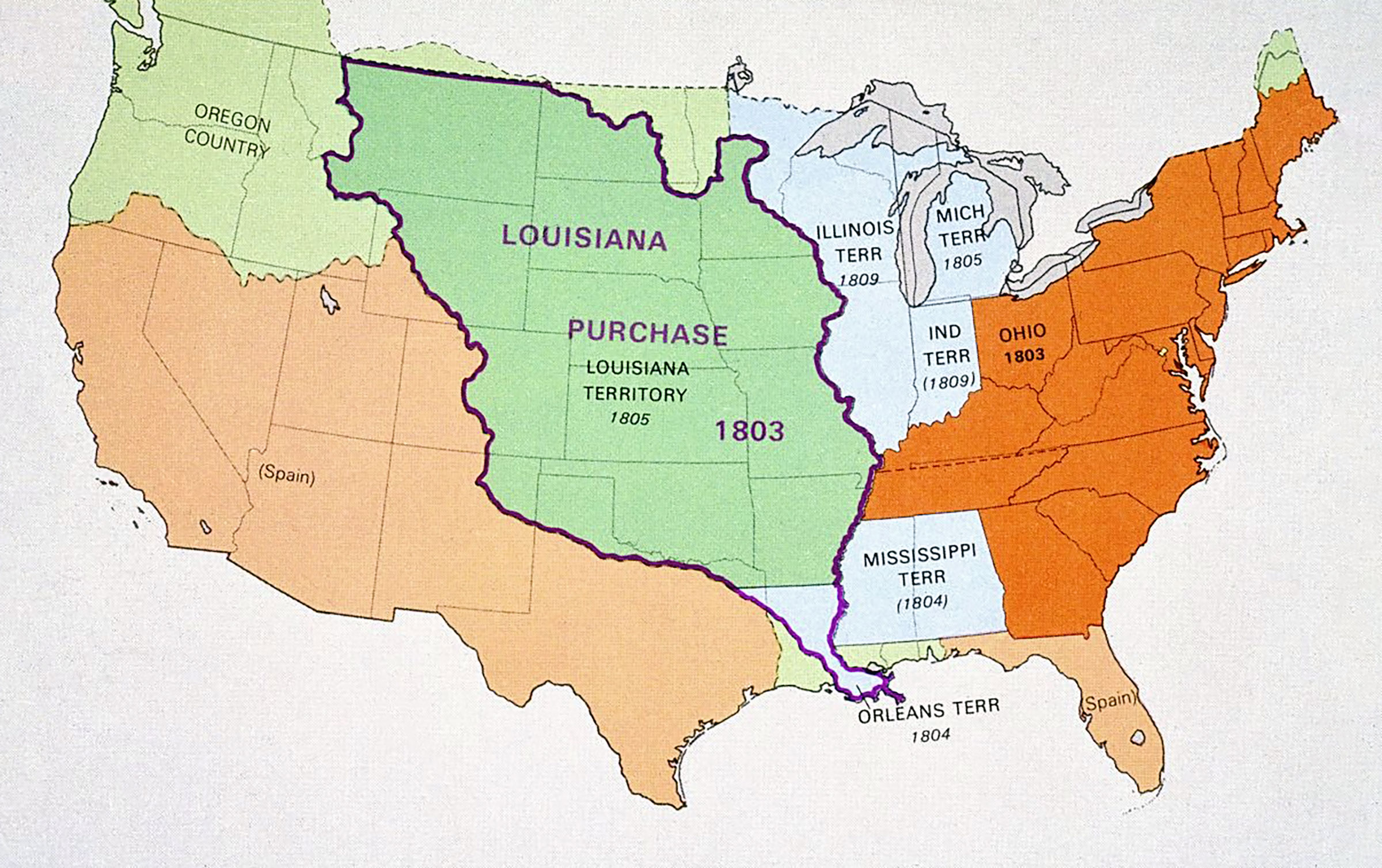 Expansion of the United States with the Louisiana Purchase.