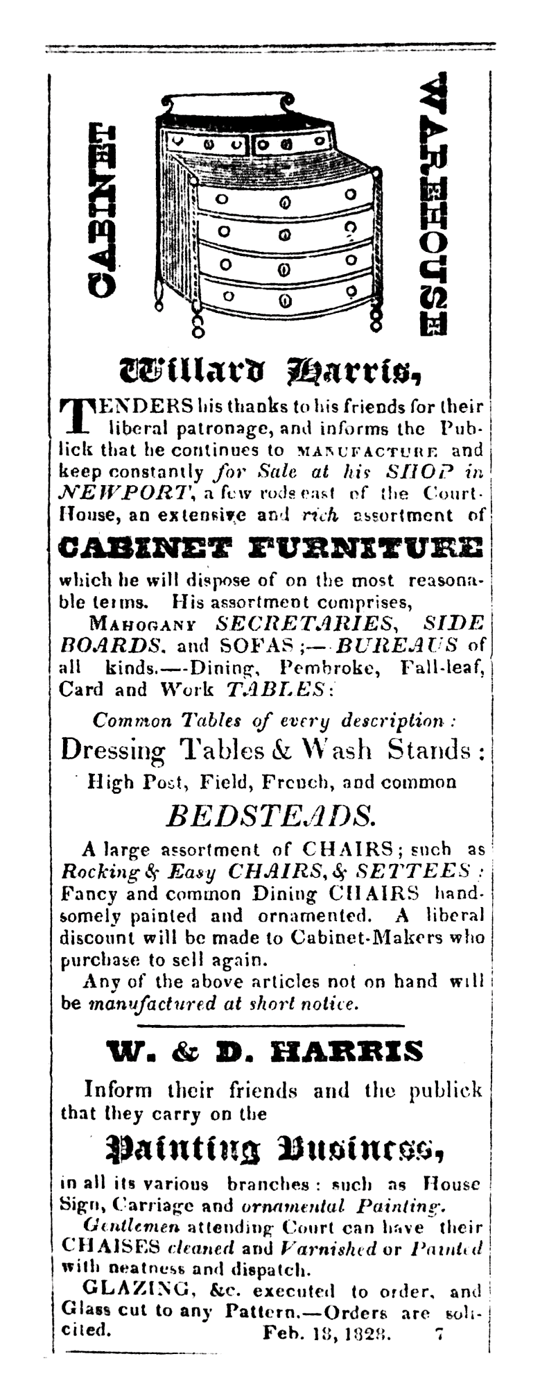 Advertisement placed by Harris in Newport’s New-Hampshire Spectator