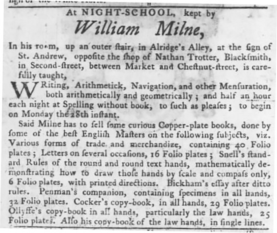 Advertisement for William Milne’s night school and copperplate folio books, Pennsylvania Gazette, October 17, 1751