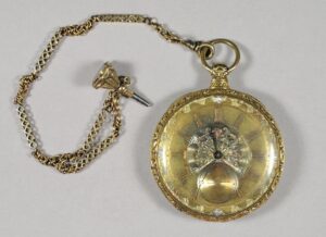 Pocket watch with watch chain and fob, New England, c. 1830–1849