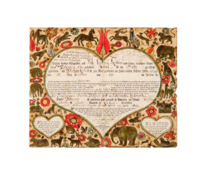 Figure 1 Friedrich Krebs (1749–1815), birth and baptismal certificate of Abraham Krämer, Bucks County, Pennsylvania, c. 1793. Ink, watercolor, and applied brocade paper on paper, 12 1⁄8 × 16 in. Franklin & Marshall College and the Phillips Museum of Art Collection, Lancaster, Pennsylvania, Fraktur 3110 (Photo: Michael E. Myers)