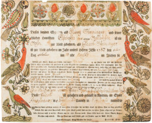 Figure 3 Friedrich Krebs, birth and baptismal certificate of Jacob Steininger, Northampton County, Pennsylvania, c. 1787. Ink and watercolor on paper, 12 1⁄2 × 15 in. Philadelphia Museum of Art, Gift of Victor and Joan Johnson, 2009-40-8