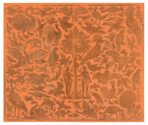 Figure 5 Johann Carl Munck (c. 1730–1794), sheet with central Adam and Eve under an apple tree and surrounded by animals, Augsburg, c. 1750–94. Embossed and gilt foil on colored paper, 12 11⁄16 × 15 1⁄8 in. Courtesy of the Rijksmuseum, RP-D-1988-2