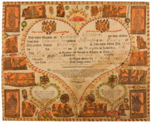 Figure 11 Friedrich Krebs, birth and baptismal certificate of Elisabetha Waldborn, Dauphin County, Pennsylvania, c. 1802. Ink, watercolor, and applied brocade paper on paper, 13 1⁄8 × 16 3⁄16 in. The Newberry Library, Stopp Collection, 637