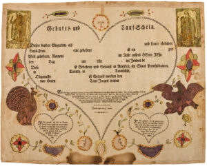 Figure 14 Friedrich Krebs, unfinished birth and baptismal certificate, Reading, Pennsylvania, c. 1810. Watercolor, ink, and applied brocade paper on paper, 12 5⁄16 × 15 11⁄16 in. The Newberry Library, Stopp Collection, 652