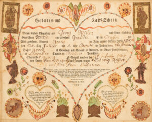 Figure 15 Friedrich Krebs, birth and baptismal certificate of Georg Miller, Lancaster County, Pennsylvania, c. 1807. Watercolor, ink, and applied brocade paper on paper, 12 × 15 in. Historic Trappe, 2022.033.0077 (Photo: Michael E. Myers)