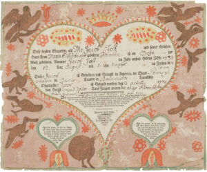 Figure 17 Friedrich Krebs, birth and baptismal certificate of Jacob Jost, Bucks County, Pennsylvania, c. 1797. Watercolor, ink, and applied brocade paper on paper, W. 13 in. The Free Library of Philadelphia, FLP 265 Note that losses to the watercolor ground at the bottom right suggest that pasted brocade paper birds have since fallen off the certificate.