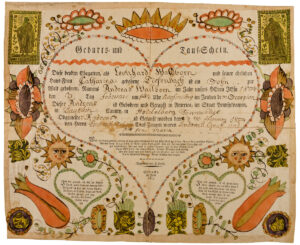 Figure 18 Friedrich Krebs, birth and baptismal certificate of Andreas Waldborn, Dauphin County, Pennsylvania, 1804–1815. Watercolor, ink, and applied brocade paper on paper, 13 × 15 5⁄8 in. The Newberry Library, Stopp Collection, 644