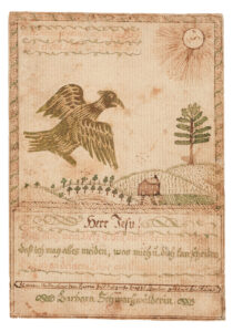 Figure 20 Friedrich Ernst, reward of merit for Barbara Schwartzwalder, Lancaster County, Pennsylvania, 1792. Ink, watercolor, and applied brocade paper on paper, 5 × 3 5⁄16 in. Courtesy of the Winterthur Museum, Garden & Library, 2013.0031.041