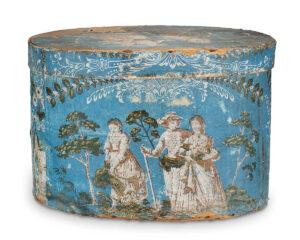 Figure 21 Hannah Davis, band box, New England, c. 1830. Ash and pine covered with wallpaper, 13 1⁄2 × 19 3⁄4 × 14 1⁄2 in. Museum of Fine Arts, Boston, Gift of Miss Aimée Lamb, 1978.309a-b