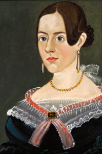 Figure 1 Sturtevant J. Hamblin (1816–1884), Phoebe L. Jewett, Boston, Massachusetts, 1841. Inscribed on verso: “P.L.J., Aged 21, painted by S.J. Hamblin, Chamber Street, Boston, 1841” and “Phoebe Lor---Jewett Aged 21 years / Painted in 1841 by L J Hamblin [sic] / 12 Chamber St Boston / Mother of Eugene F. Coburn.” Oil on academy board, 14 × 10 1⁄16 in. Private collection (Photo: Christies, New York)