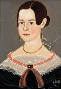 Figure 2 Sturtevant J. Hamblin, Hannah M. Jewett, Boston, Massachusetts, 1841. Inscribed on verso: “H.M.J. AGED 16 yrs / Painted by / S.J. Hamblin / 1841;” in later hand: “Hannah M. Jewett Aged 16 years / Painted by L J Hamblin [sic] 1841 / 12 Chamber St Boston / Aunt of Eugene F. Coburn.” Oil on academy board, 14 × 10 1⁄8 in. Private collection (Photo: Christies, New York)