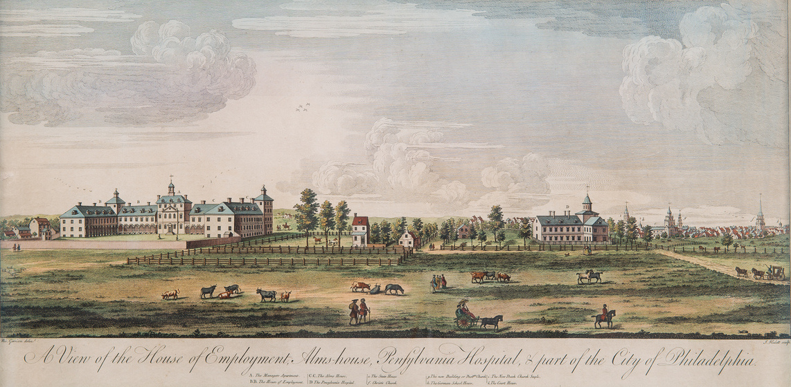 Nicholas Garrison (1701–1781), A View of the House of Employment, Alms-House, Pennsylvania Hospital, & part of the City of Philadelphia